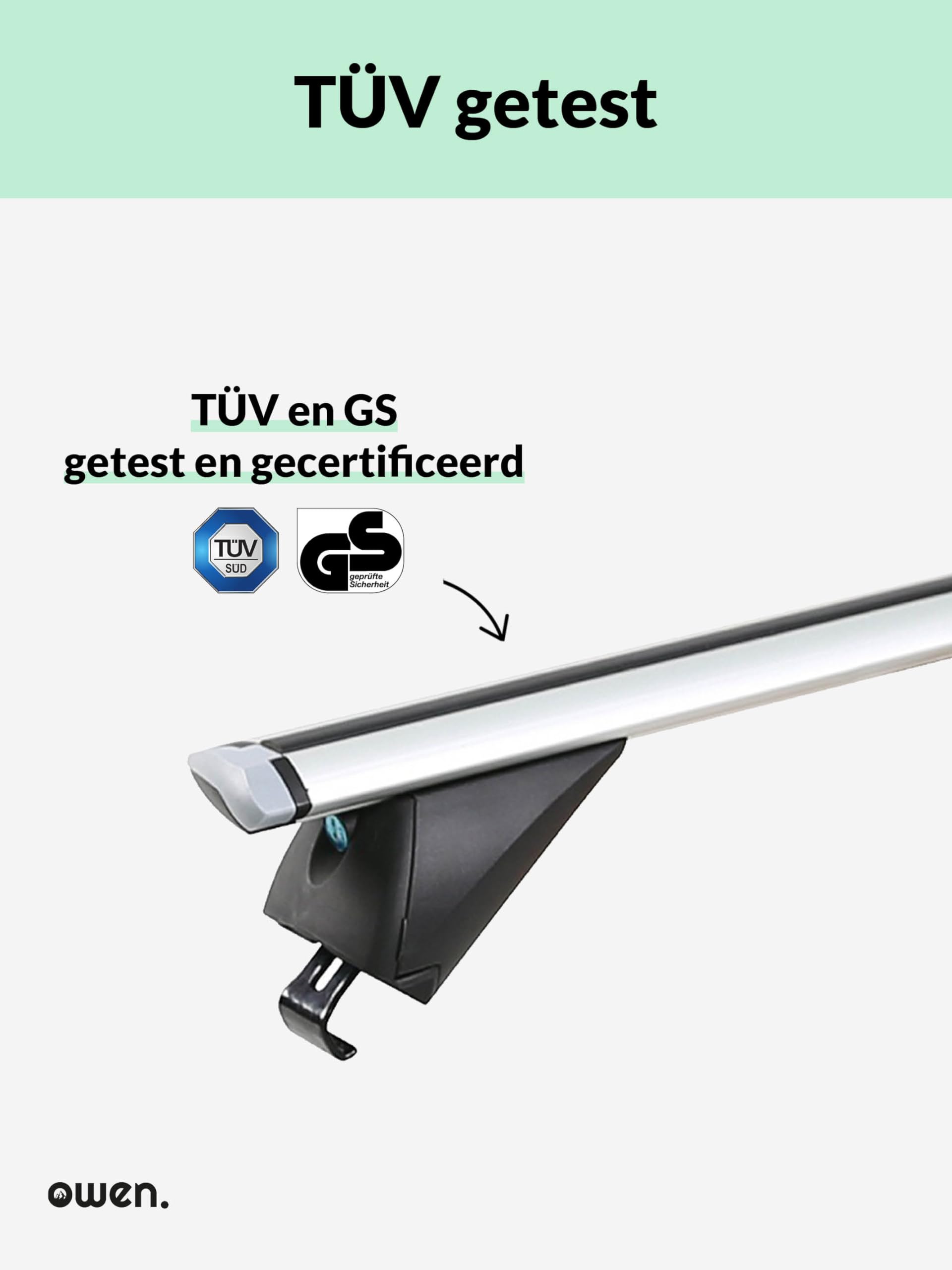 Owen Dakdrager 3.0 Pro Zwart 135cm - Universele dakdrager voor gesloten & verzonken rreling | 90 kg draagvermogen | 2 min montage | TÜV gecertificeerd | Top performance dakdrager voor je auto