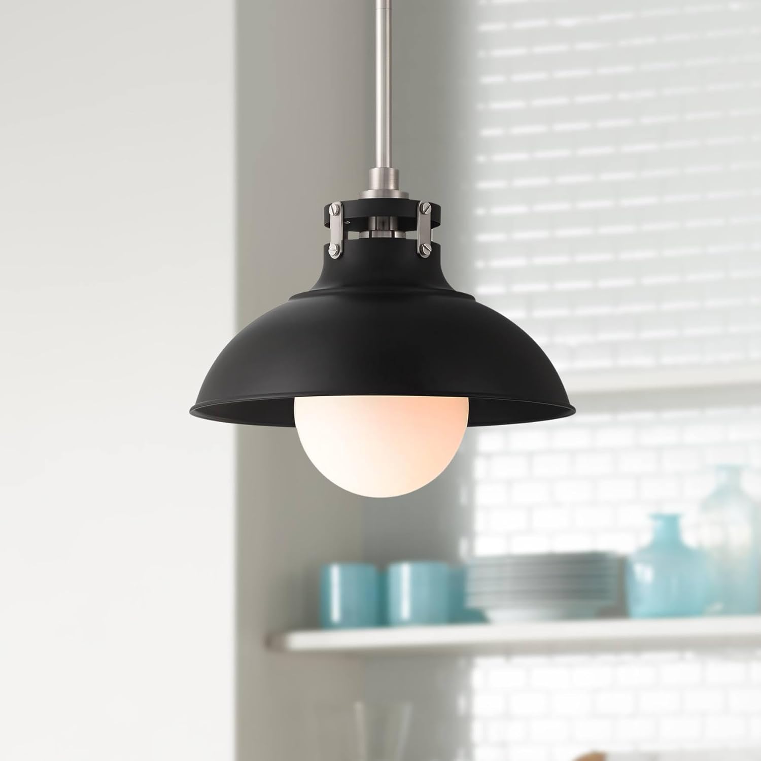 Possini Euro Design Cynthia Brushed Nickel Black Mini Pendant 12" Wide Modern Industrial White Glass Globe Shade Fixture for Dining Room House Foyer Kitchen Island Entryway Bedroom High Ceilings