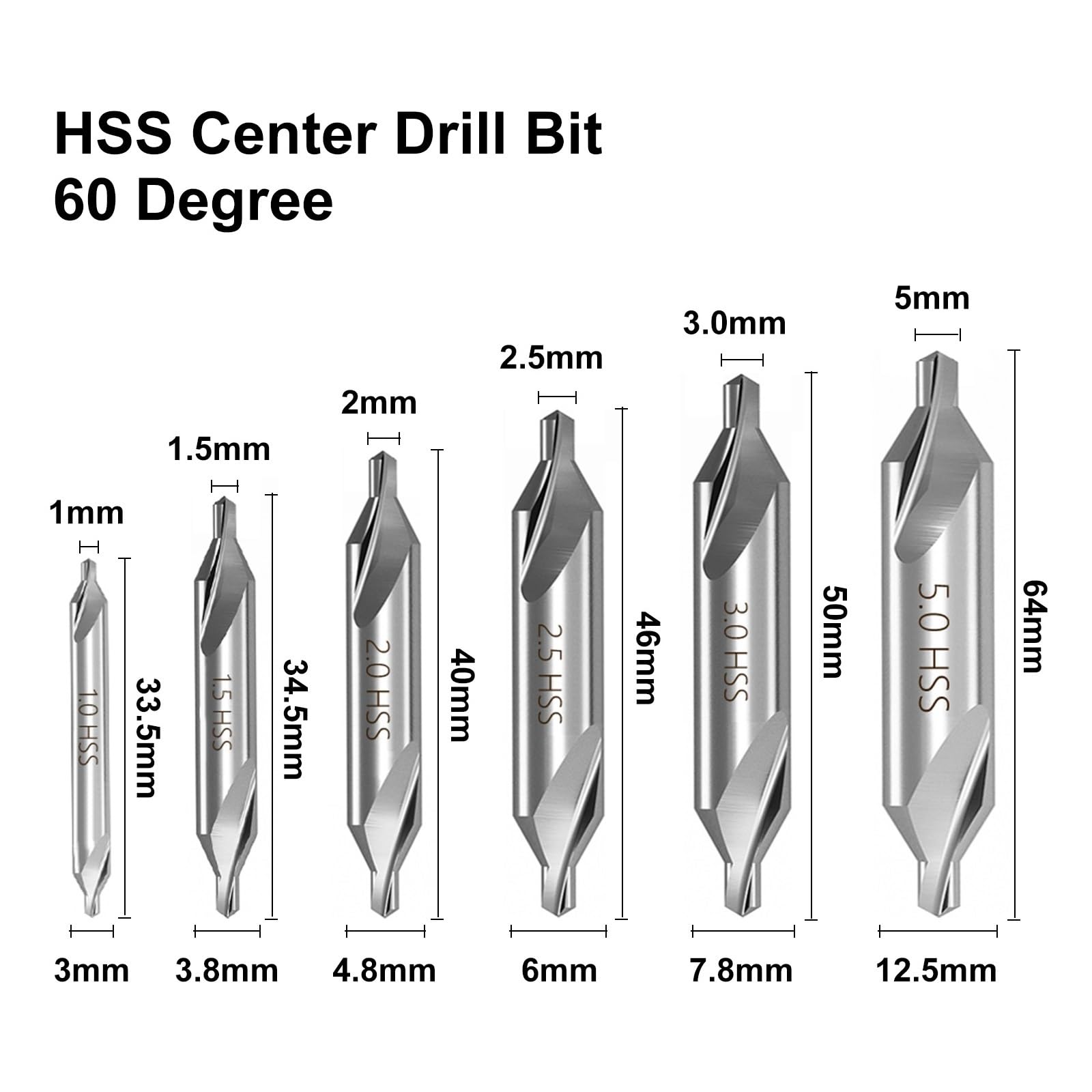 Punte centrali Punte da trapano combinate HSS (acciaio rapido) Punta da trapano a carotaggio da 60 gradi 1,0-6,0 mm Utensili for foratura in metallo Punta svasatrice angolare(10pcs)