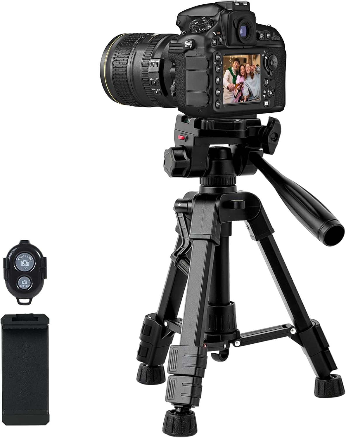 Mini Tripod for Camera & Phone, 25" Aluminum Alloy Portable Tabletop Tripod with 3 Way Pan Tilt Head, Handle, Remote & Phone Holder for DSLR Camera Camcorder Phone