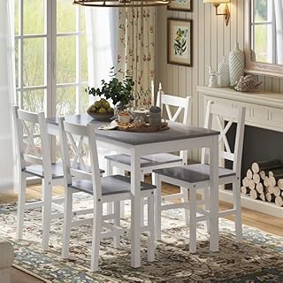 sogesfurniture 42.5''Dining Table Set for 4，Dinette Set for 4 Small Space,5 Pieces Dining Table for Kitchen, Dining Room, Pine Wood,Grey&White