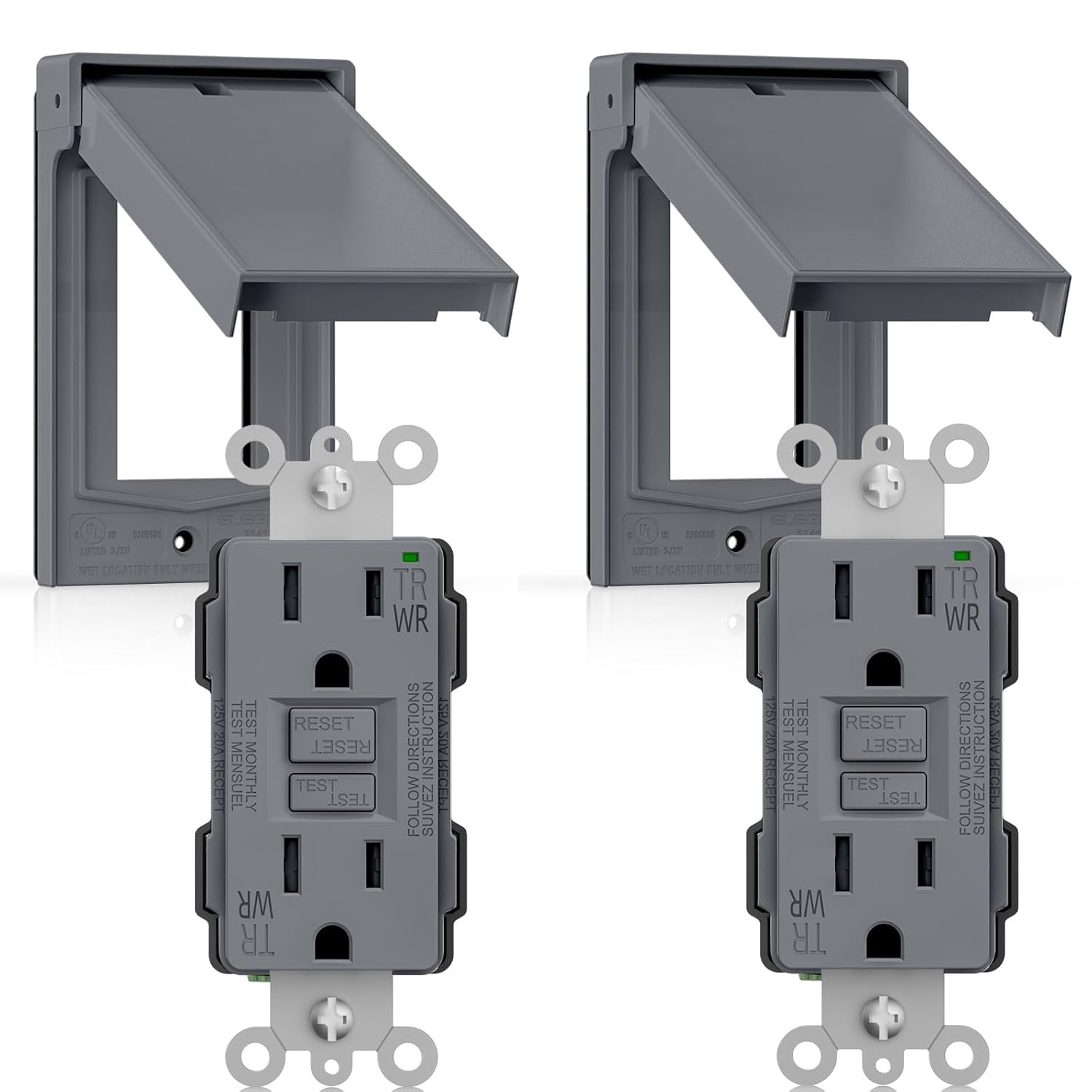ELEGRP 15 Amp Outdoor GFCI Outlet with Cover, Weather Resistant GFCI Receptacle and Wall Plate, Self-Test GFI Electrical Outlets, Thinner Design Ground Fault Receptacles, UL Listed, Grey, 2 Pack