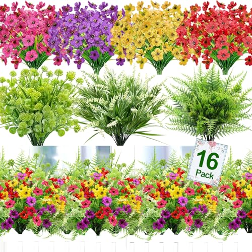 16 Bundles 7 Styles Artificial Flowers for Outdoors, UV Resistant No Fade Fake Plants Outdoor Faux Flowers Plant Silk Daisy Boston Fern Lavender Flowers for Cemetery Outside Planters Porch Patio Home