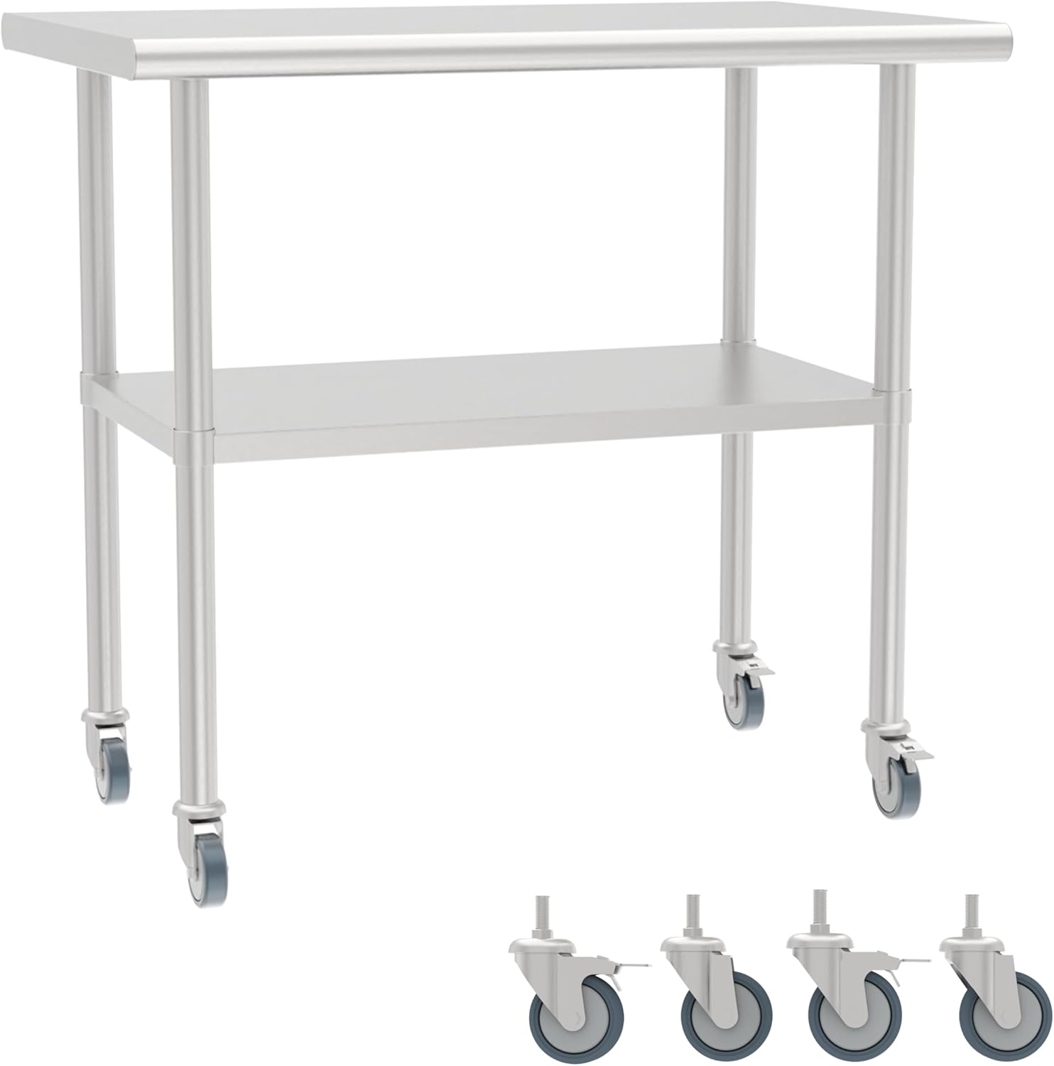 Stainless Steel Work Table with Undershelf and Casters,Flat Top Commercial Prep Table for Kitchen,Restaurant,Garage,Durable,Scratch & Rust Resistant,Easy to Clean (1 Undershelf, 36'')