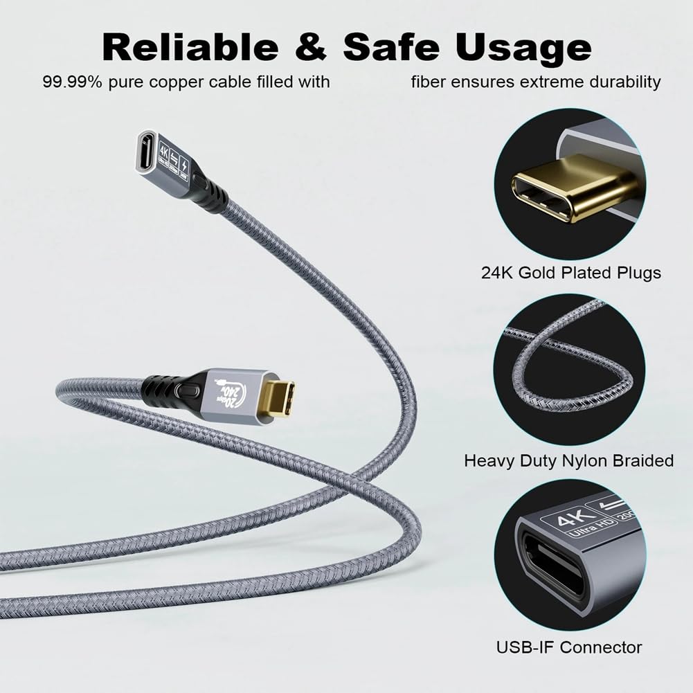 Cable de Extensión USB 4K Cable Tipo-C Extensión Macho A Hembra Ultra HD 20Gbps 240W Línea de Transmisión HD Rápida de Datos 2m