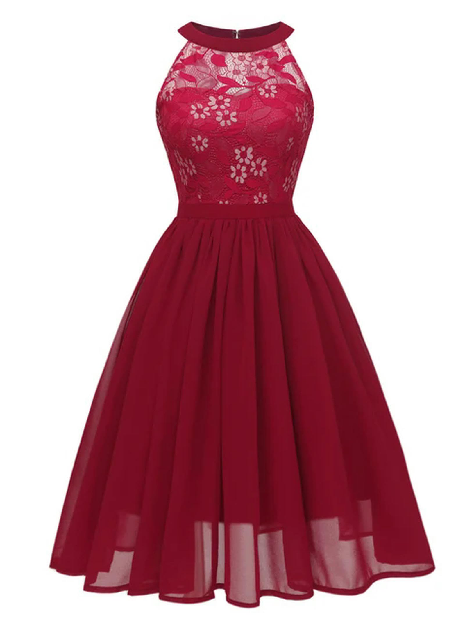 Spitzen-Chiffon-Plisseekleid, Elegantes Damen-Midikleid mit hoher Taille, Rot, L