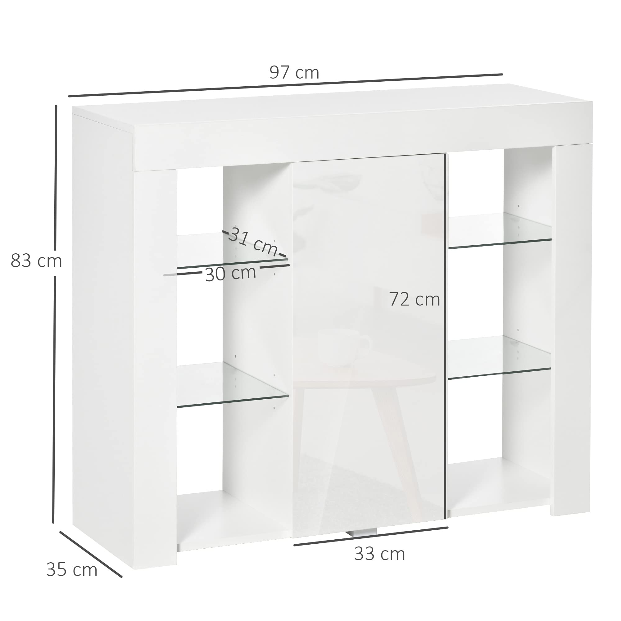 HOMCOM Aparador Moderno con Luces LED Mueble Buffet con 1 Puerta de Alto Brillo Cierre a Presión Estantes Ajustables y Control Remoto 97x35x83 cm Blanco