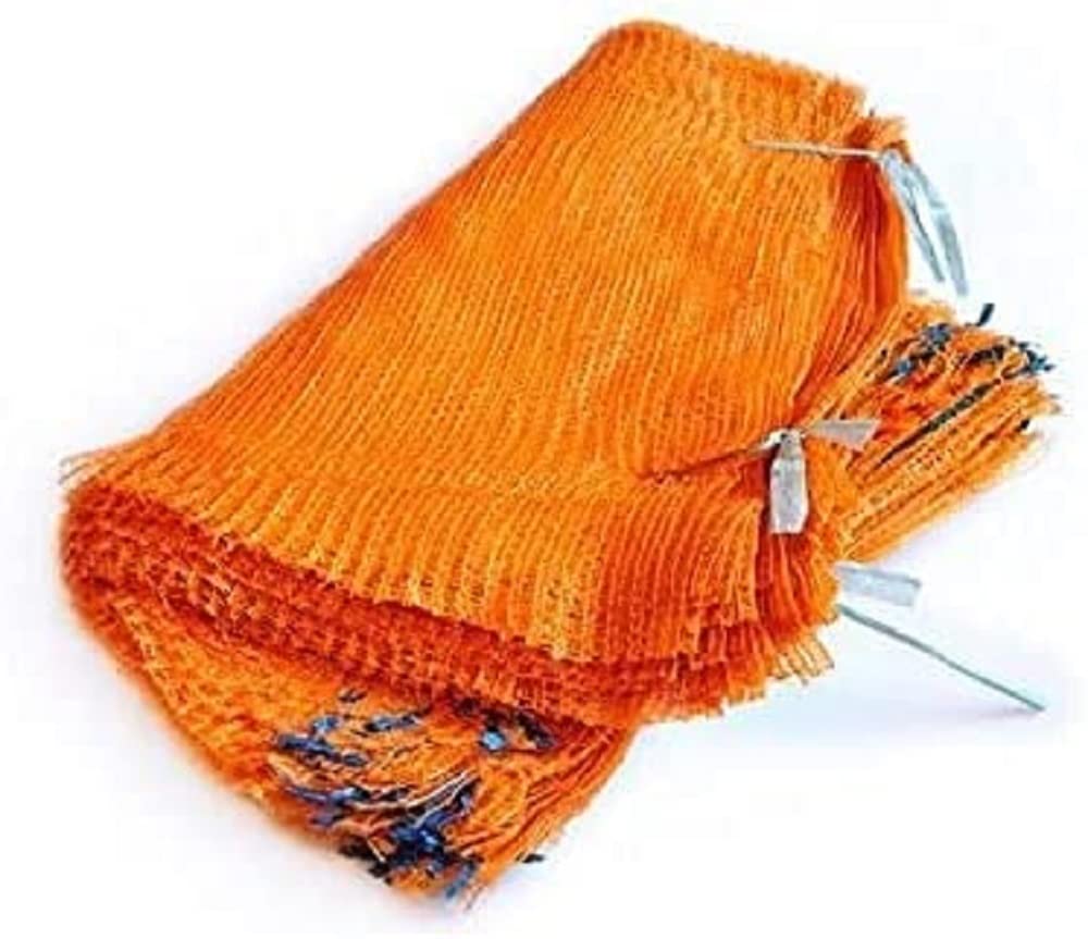 B2C Orange Net Sacks Raschel Bags with Drawstring Mesh Vegetables Logs Kindling Wood (10, 60 X 42 CM - 15KG)