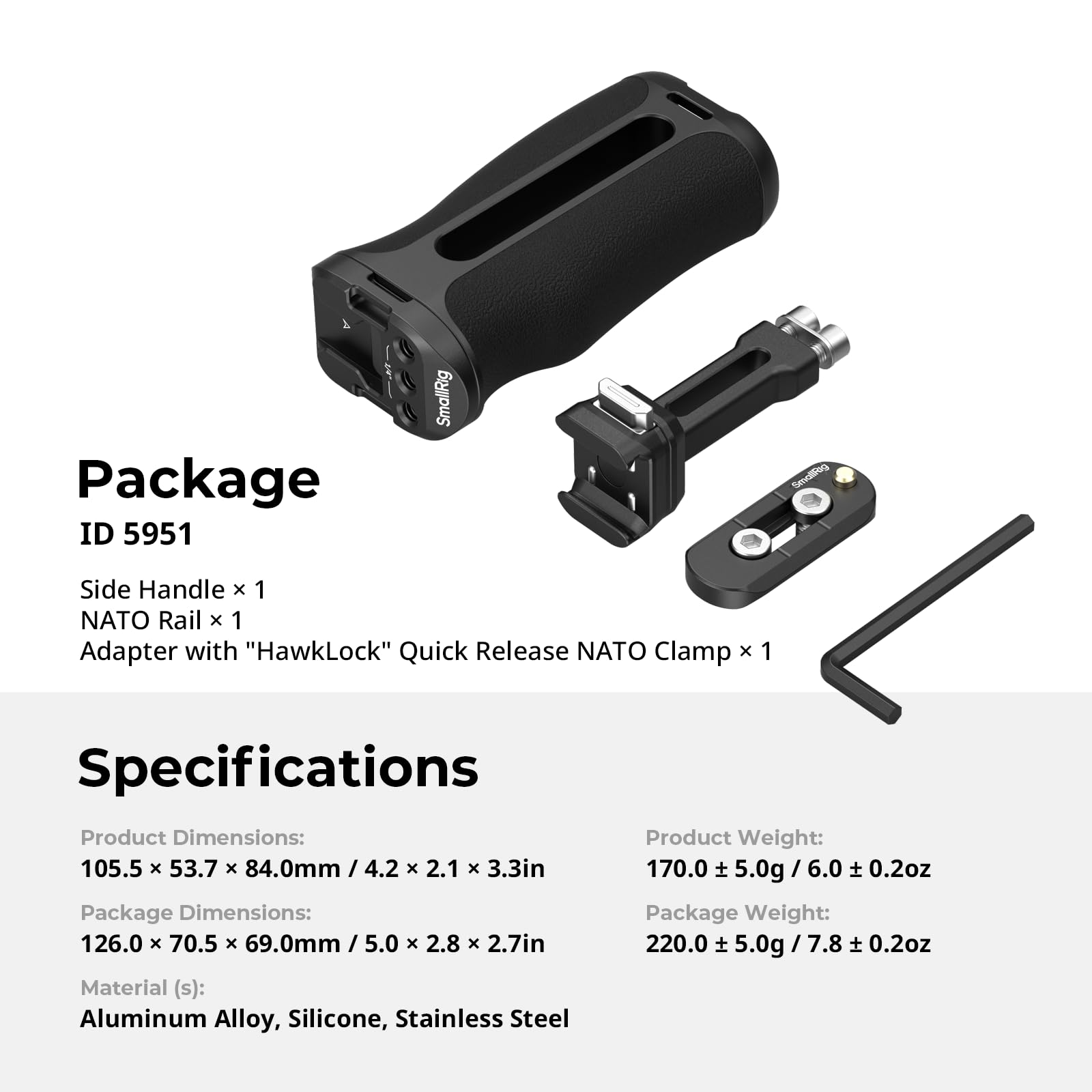 SMALLRIG HawkLock H21 Poignée Latérale à Dégagement Rapide, Poignée pour Cage de Caméra avec Rail NATO, Réglable en Hauteur (43 mm), Charge Max 10 kg, Fixations pour Griffe Flash Intégrées - 5951
