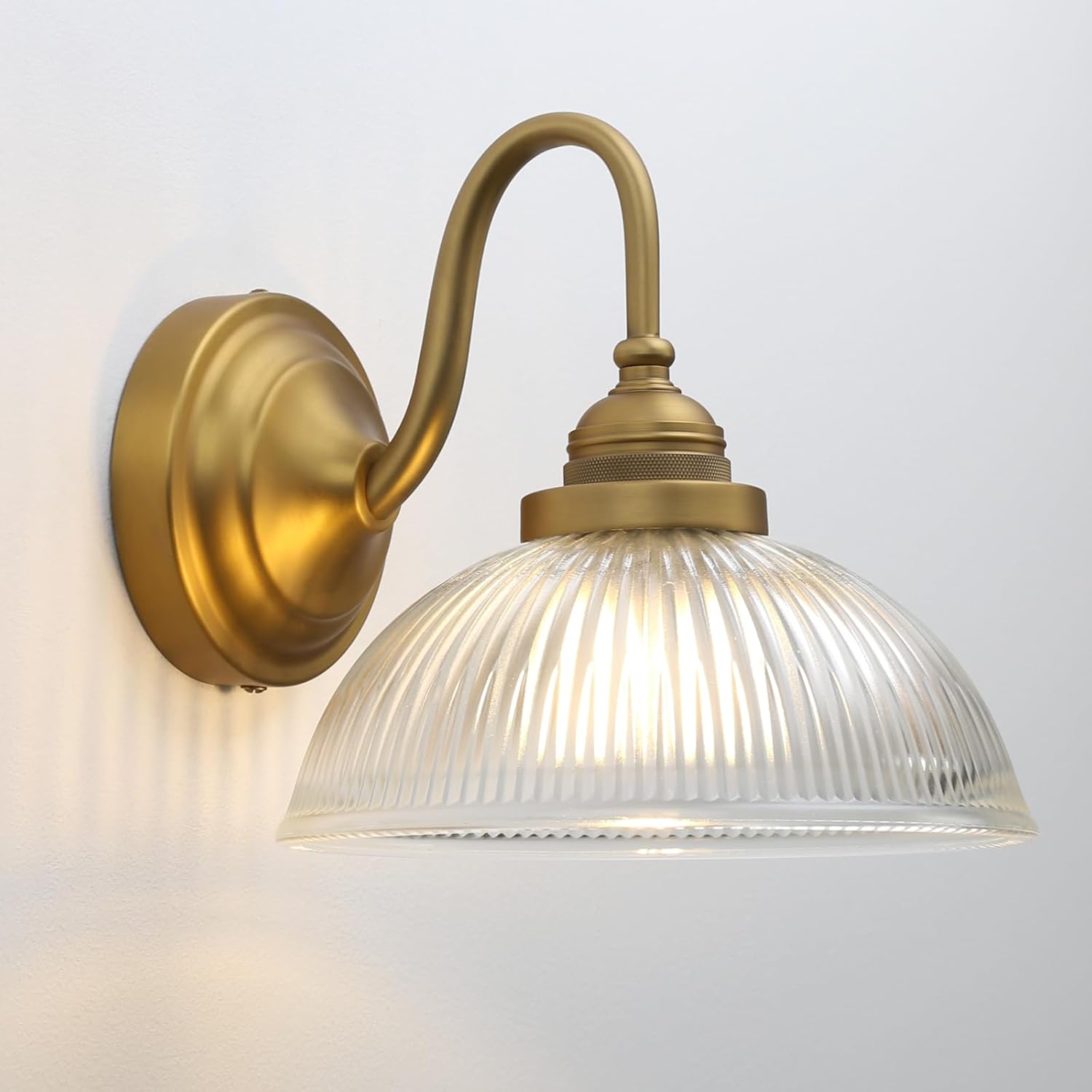 Yosoan Boho Brass Gold Vintage Wall Sconce with Striped Bowl Shade, 1-Light Indoor Hardwired Modern Vanity Industrial Single Wall Mounted Clear Texture Glass for Living Room Kitchen Bedroom(Antique)