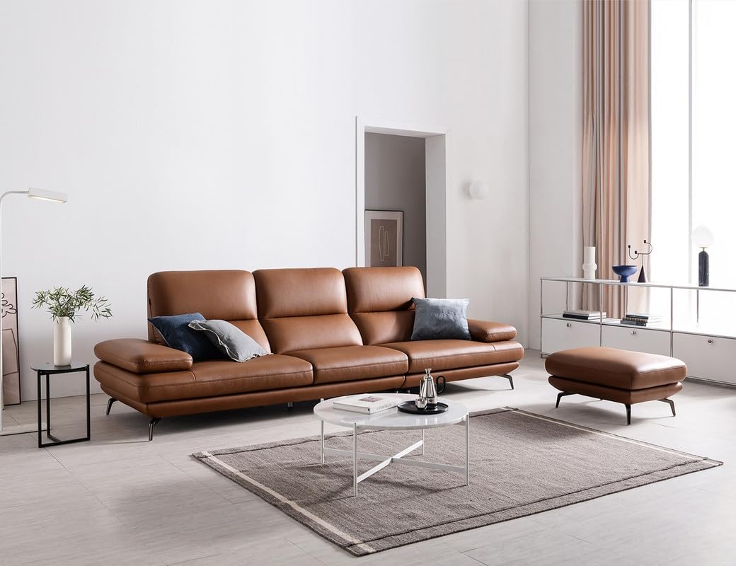 Fabrique Emerald Leatherette 4 Seater with Puffy Moden Design Brown Sofa Set with Moveable Armrest | Comfortable Furniture for Home Office & Living Room | Easy to Move with Stainless Steel Legs