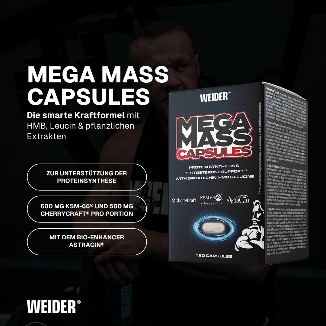 Weider - Mega Mass Caps - Synergetische Nährstoffkombination - Unterstützung von normaler Proteinsynthese und Muskelfunktion - After Workout - Mit Zink und Vitamin D - 120 Kapseln