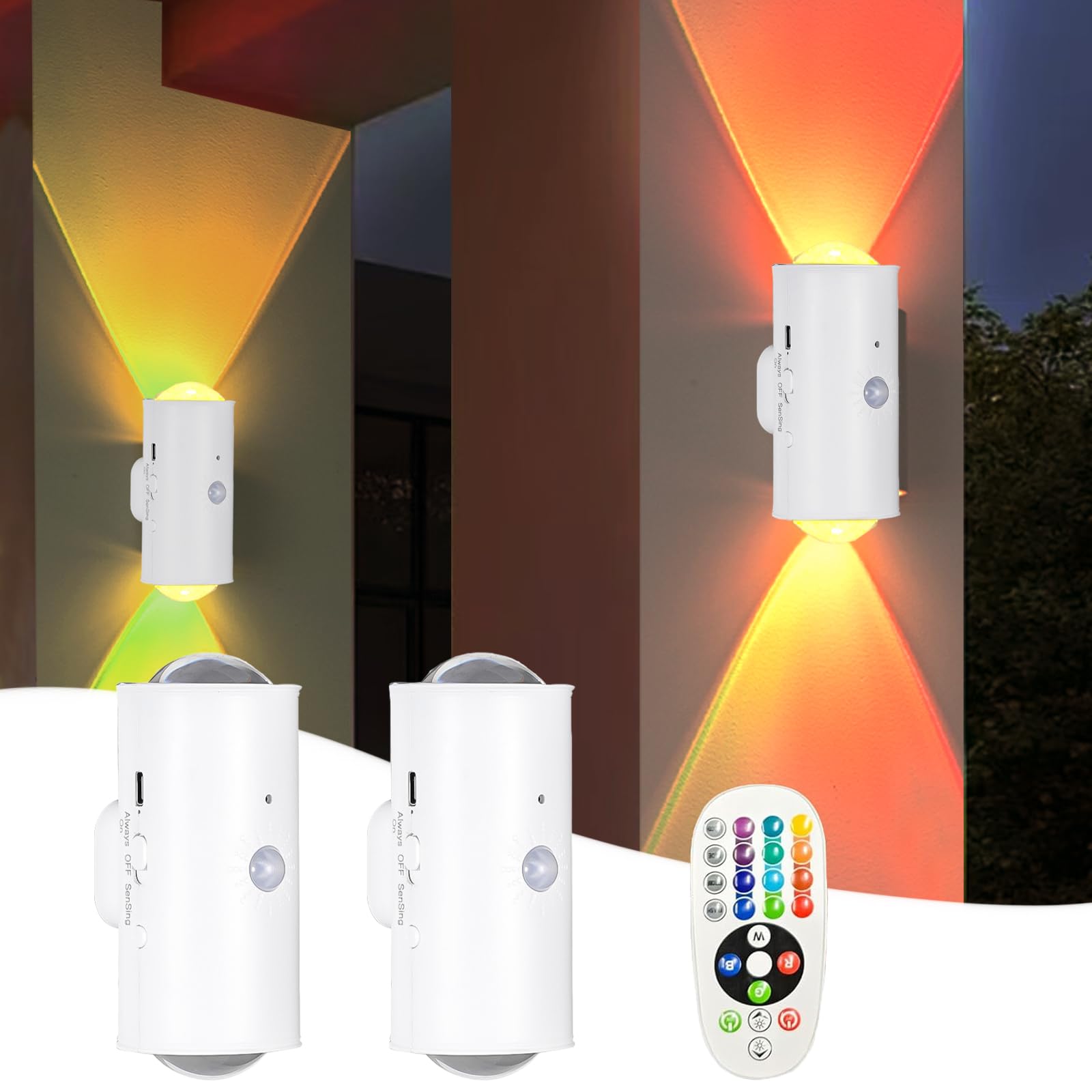 2 Stück Wandlampe Akku mit Bewegungsmelder Schalter Fernbedienung RGB-Farbwechsel Magnetisch Nachtlicht Weiß Rund LED Wandleuchte Innen Wall Light für Drinnen Draußen Flur Wohnzimmer