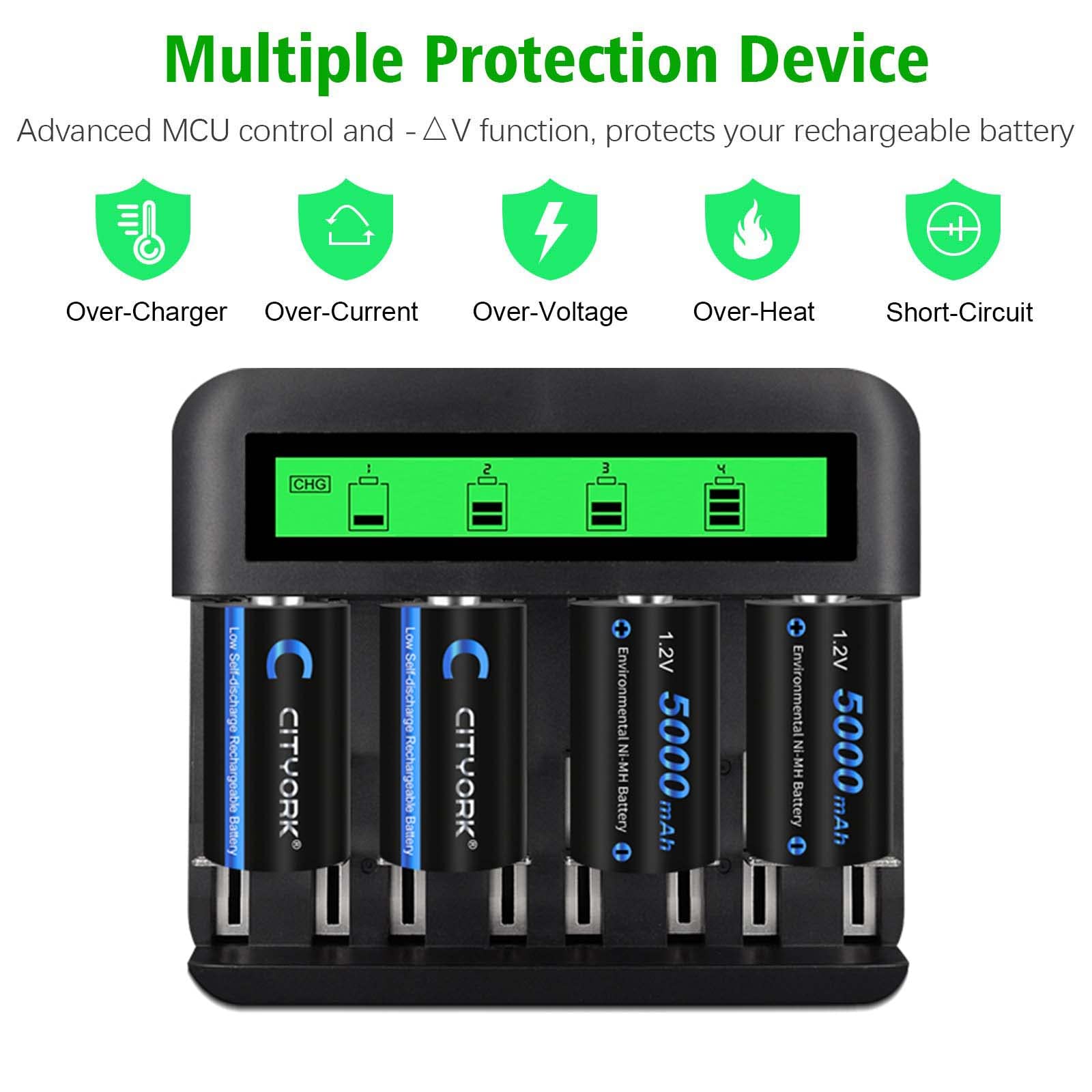 CITYORK Akku LCD Ladegerät Set - Für AA AAA C D Akkus NI-MH/NI-Cd Akkus - mit NI-MH C 5000mAh Akkus (4 Stück)