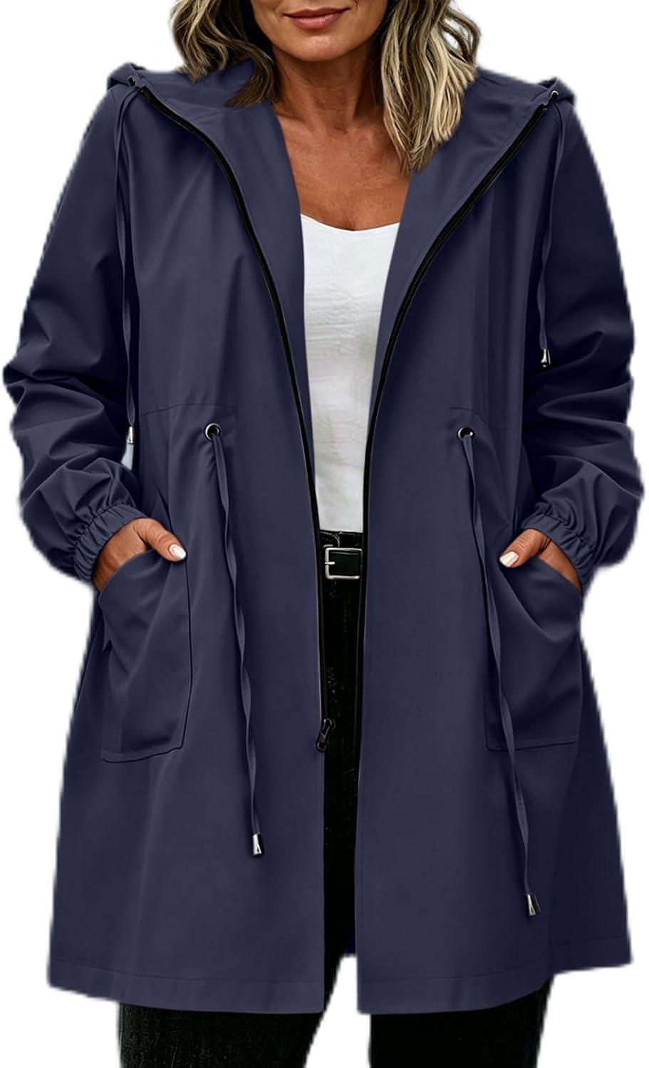 Women's Long Drawstring Rain Jacket with Pockets Waterproof Hooded Zip Up Windbreaker Outdoor Hiking Cinched Waist Coat