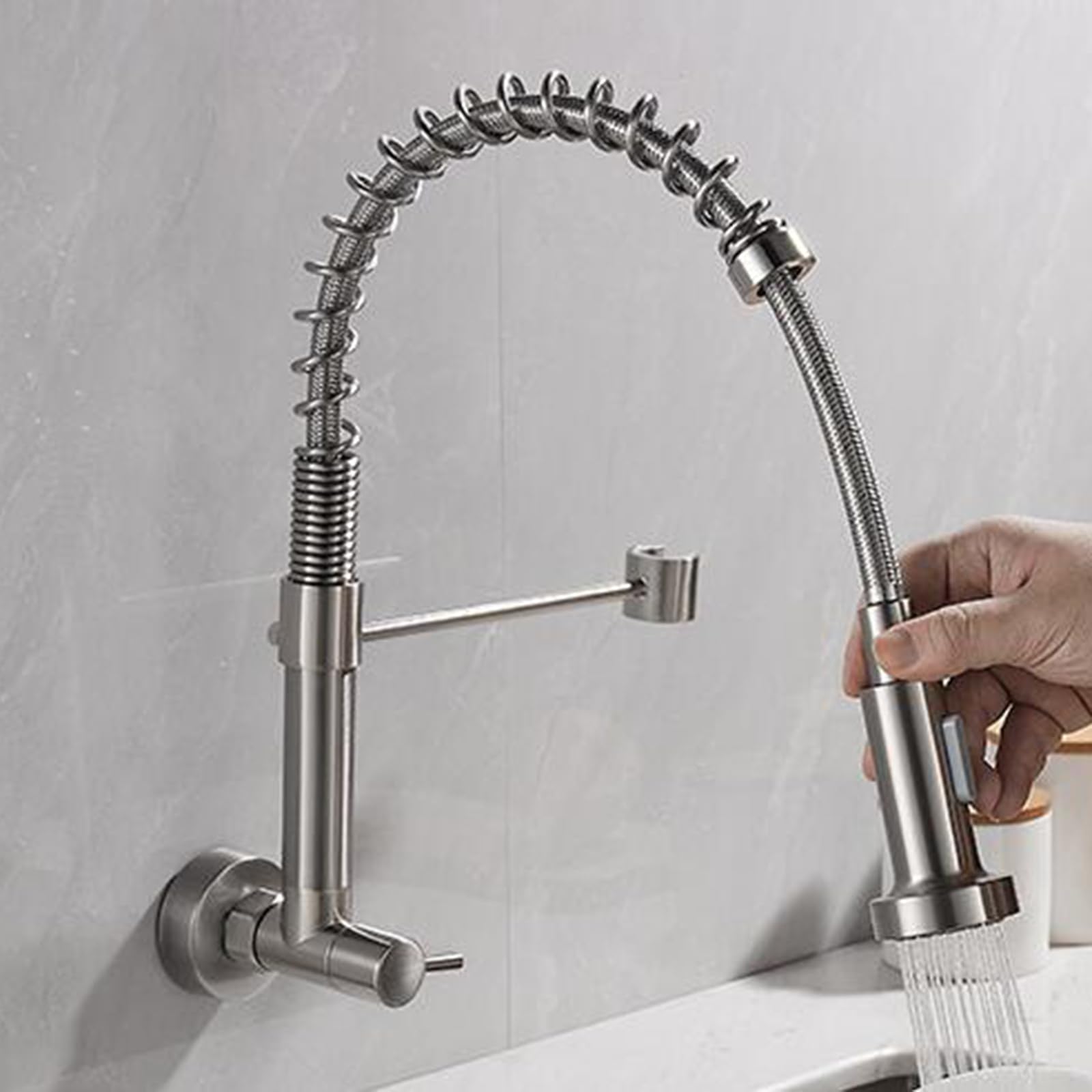 Grifo de Pared Cocina Solo Agua Fria Grifo de Cocina con Resorte Giratorio Latón Grifos Cocina-Cepillado