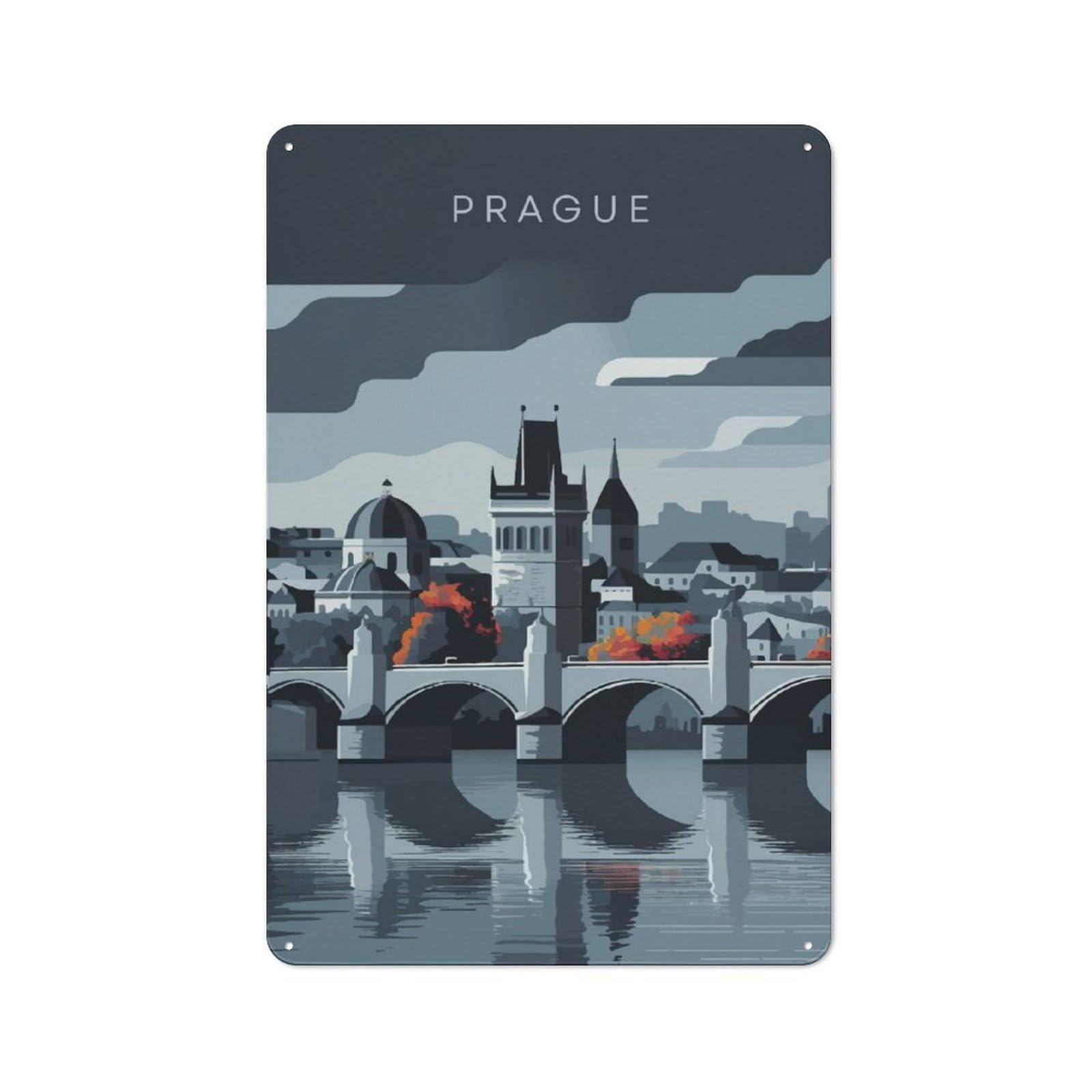 Junmoney Prague Cityscape Everyday Tin Wall Sign 30X20cm, Small Space Decor For Bedroom, Kitchen, Office Or Living Room