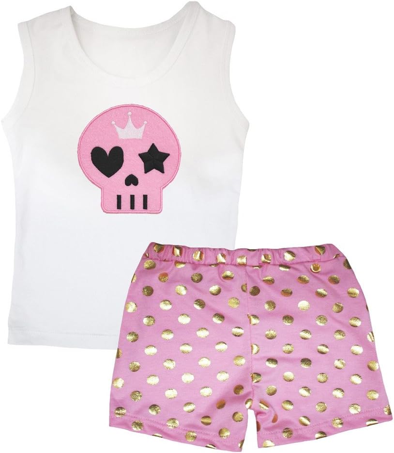 Petitebella Skeleton White Vest Gold Polka Dots Pink Short Set 1-8y