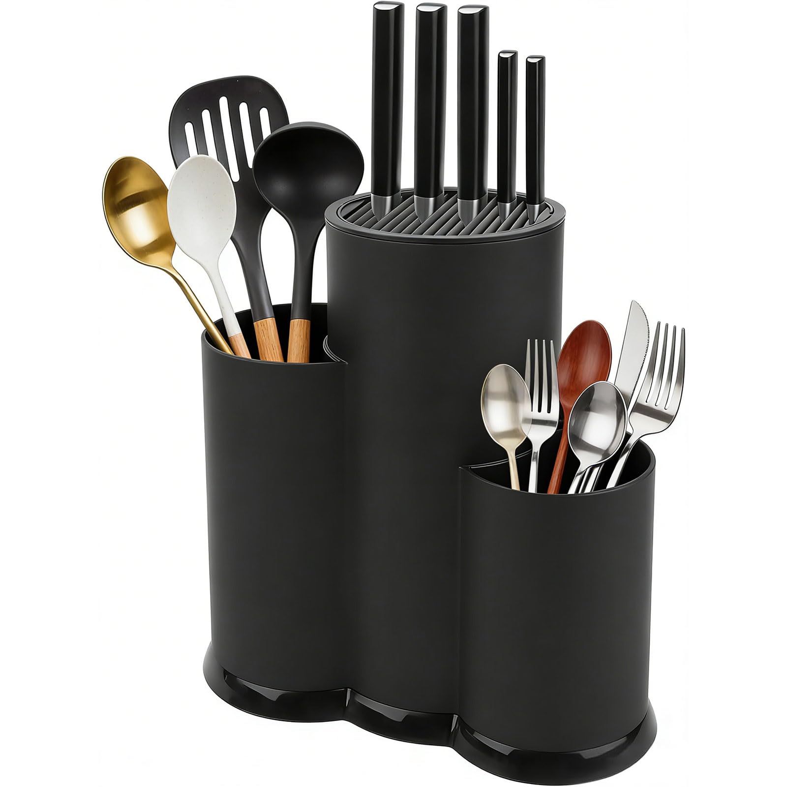 3-in-1 Utensil Holder, Knife Holder with Slots, Cutlery Holders, Black Kitchen Accessories for Organising Spoon Fork Chopsticks Knives