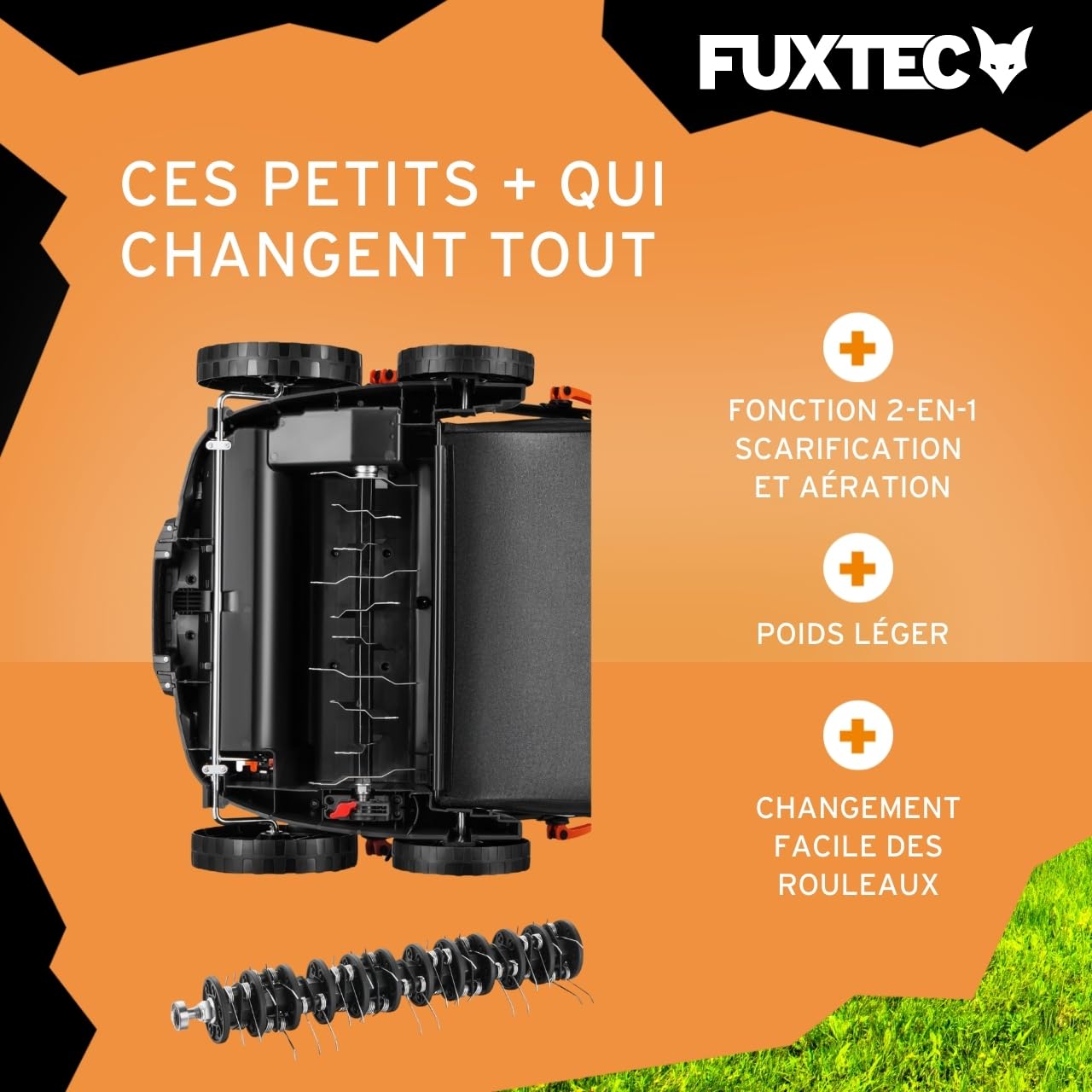 FUXTEC Scarificateur électrique FX-EV360, aérateur de gazon avec 1500 watts de puissance, largeur de travail 36 cm et réglage de la profondeur sur 5 niveaux, bac de ramassage 45 L