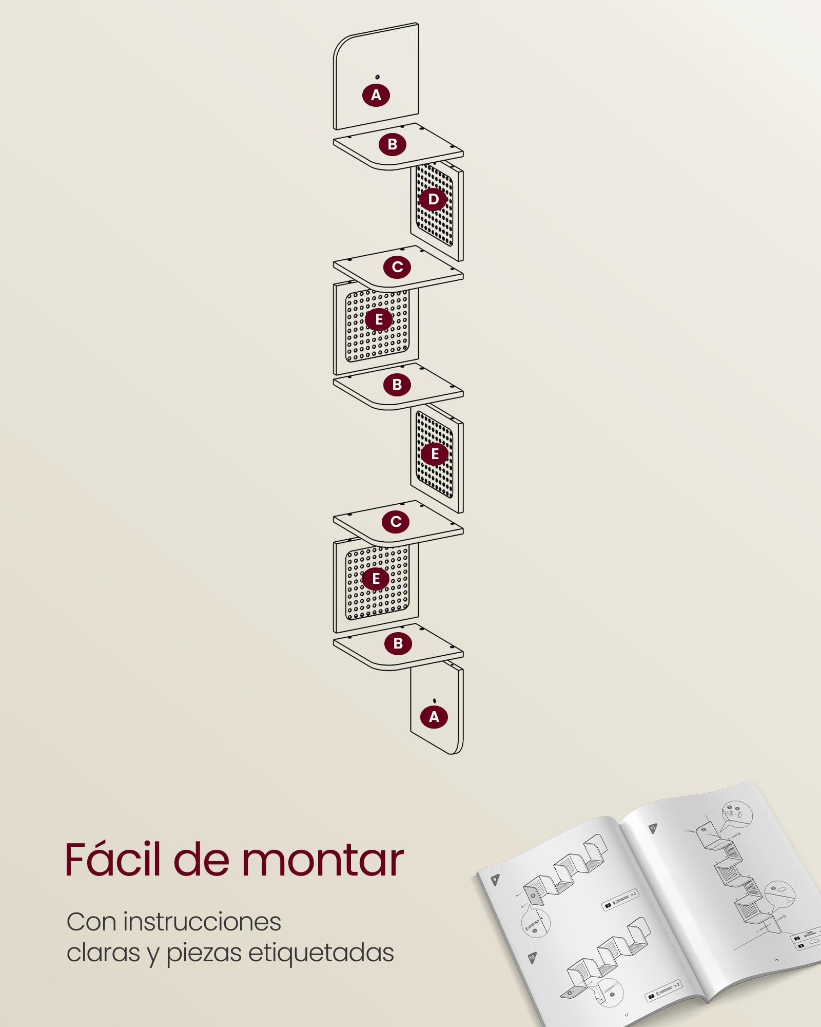 VASAGLE Estantería de Esquina, Estantería Flotante de 5 Niveles, Estantería Zigzag Montada en la Pared, Laterales de Ratán de PVC, Cocina, Dormitorio, Salón, Estilo Boho, Beige Roble LLS582Y57