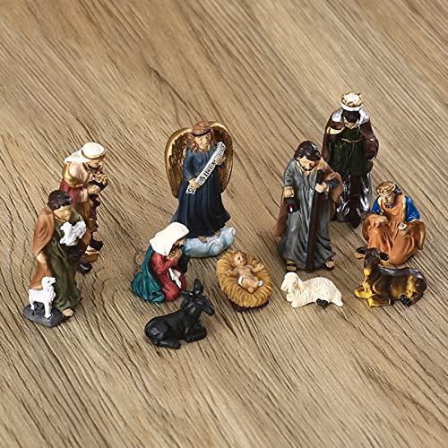 Conjunto de estatuetas de Natal, 11 peças Mini Resina de Natal Decorações de Nascimento de Jesus, Re