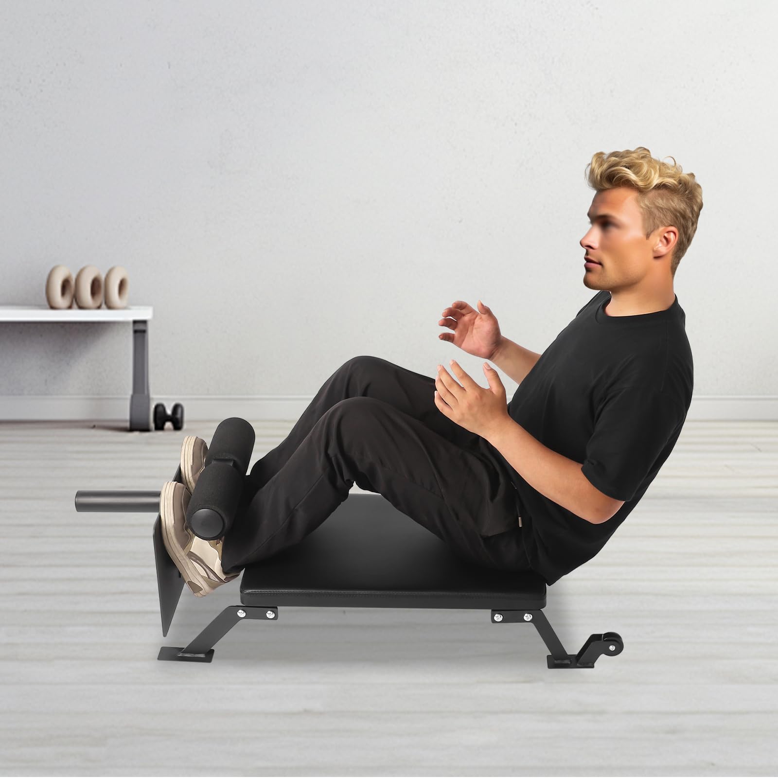 Banco de pesas de 124,46 x 48,26 cm (largo x ancho), banco plano de 220,46 libras (capacidad de carga máxima), entrenador abdominal, 39,88 – 50,04 cm (altura ajustable) para estirar los músculos