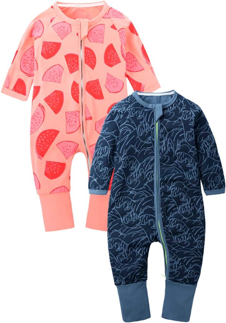 Baby Boys Girls Unisex 2-Pack Long Sleeve Cotton Footed Pajama Infant Cute Graphic 2-Way Zip Romper Sleep and Play