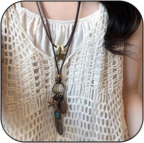 Vintage Long Boho Necklaces for Women Stacking Leather Cord Wooden Disc Pendant Necklaces Adjustable Trendy Necklace
