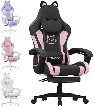 bigzzia Silla Gaming,Silla Gaming ergonómica con Orejas de Gato para niñas, niños y Adultos, Silla de Juegos de Ordenador Ajustable en Altura con reposacabezas y Soporte Lumbar de Masaje (Negro Rosa)