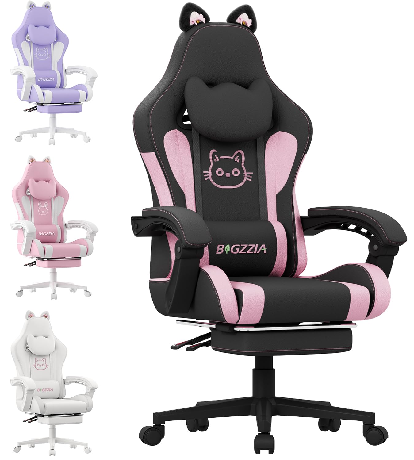bigzzia Silla Gaming,Silla Gaming ergonómica con Orejas de Gato para niñas, niños y Adultos, Silla de Juegos de Ordenador Ajustable en Altura con reposacabezas y Soporte Lumbar de Masaje (Negro Rosa) Global Recycled Standard Global Recycled Standard Global Recycled Standard