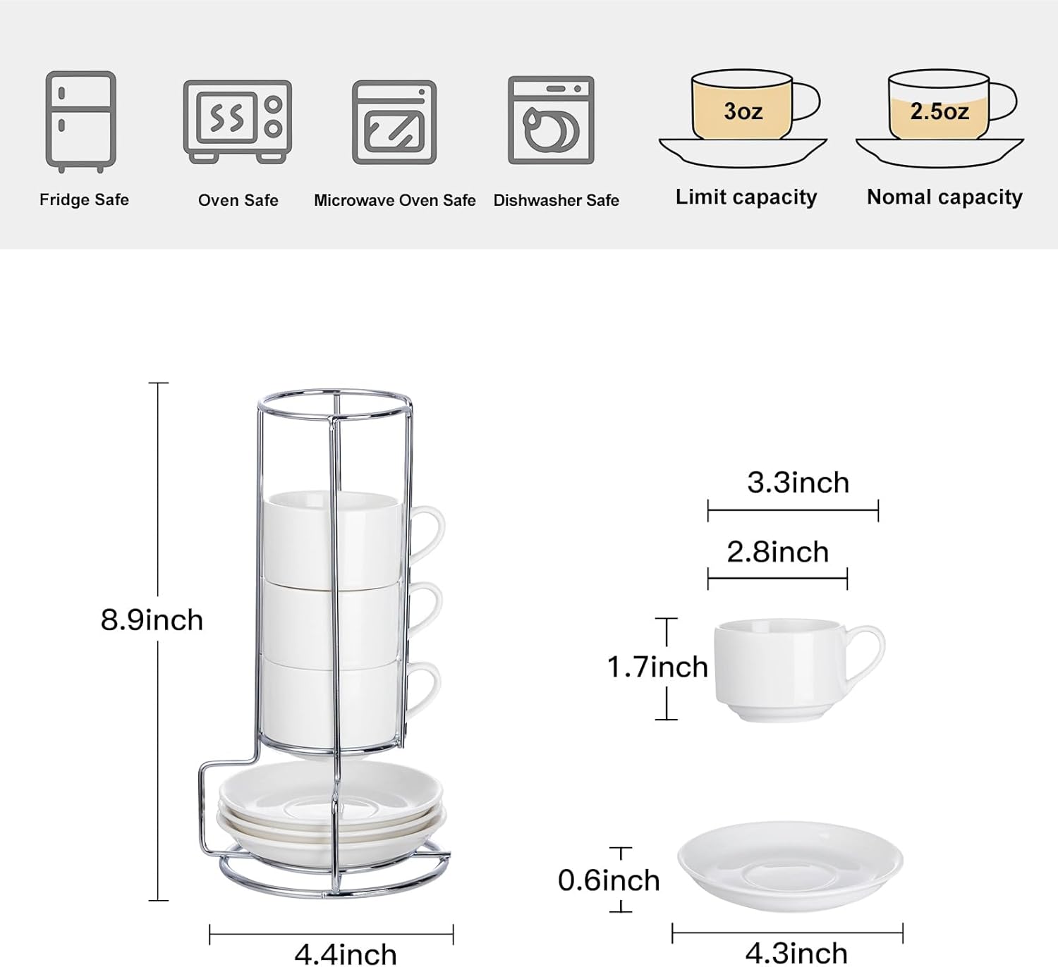 2.5oz Espresso Cups Set of 4, Small Stackable Coffee Cups with Saucers and Metal Stand, Ceramic Demitasse Cups, Cappuccino Cups for Coffee Drinks, Latte, White