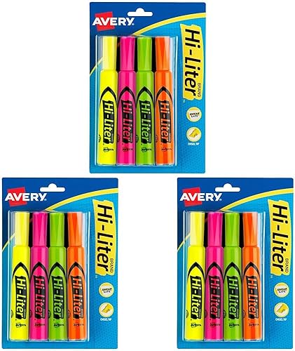 AVERY Hi-Liter - Resaltadores estilo escritorio, tinta segura para manchas, punta de cincel, 4 resaltadores de colores surtidos (24063) (paquete de