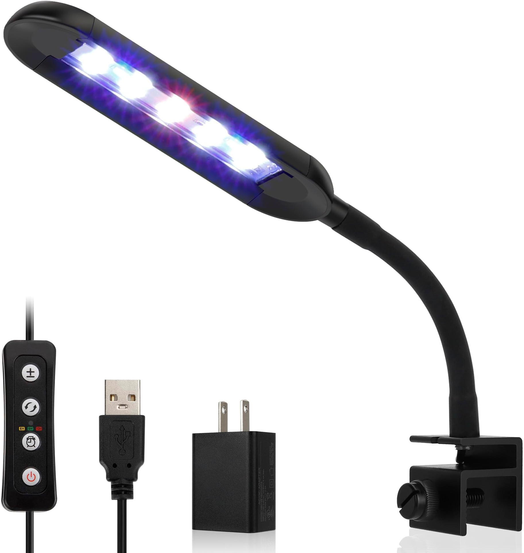 0.5~5 Gallon Nano Tank Mini Clip-on Aquarium Light with White Blue Red LEDs Fish Tank Lighting Built-in Timer 5 Brightness Levels 6W with USB Port (Include Power Plug)