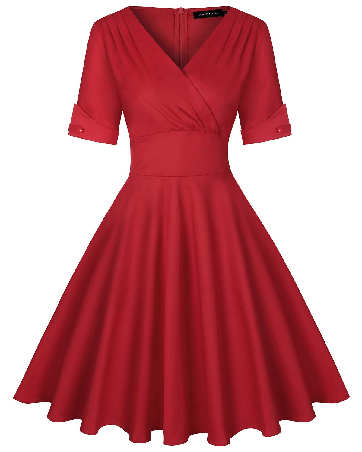 Mintlimit Women's Solid_red 1950S Vintage Half Sleeve Plain Rockabilly Cocktail Swing Dresses(Solid Red,Size L)