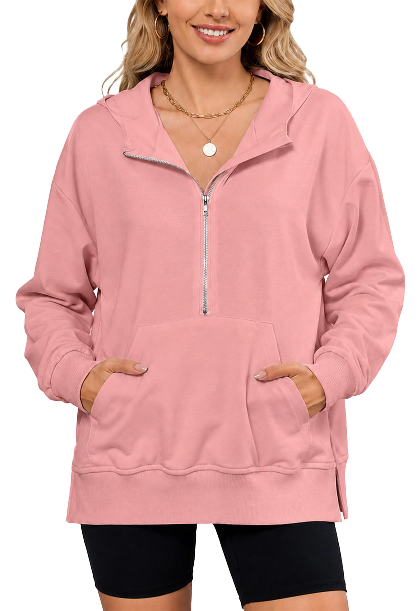 FEOYA Damska bluza z kapturem, oversize, z zamkiem błyskawicznym, z długim