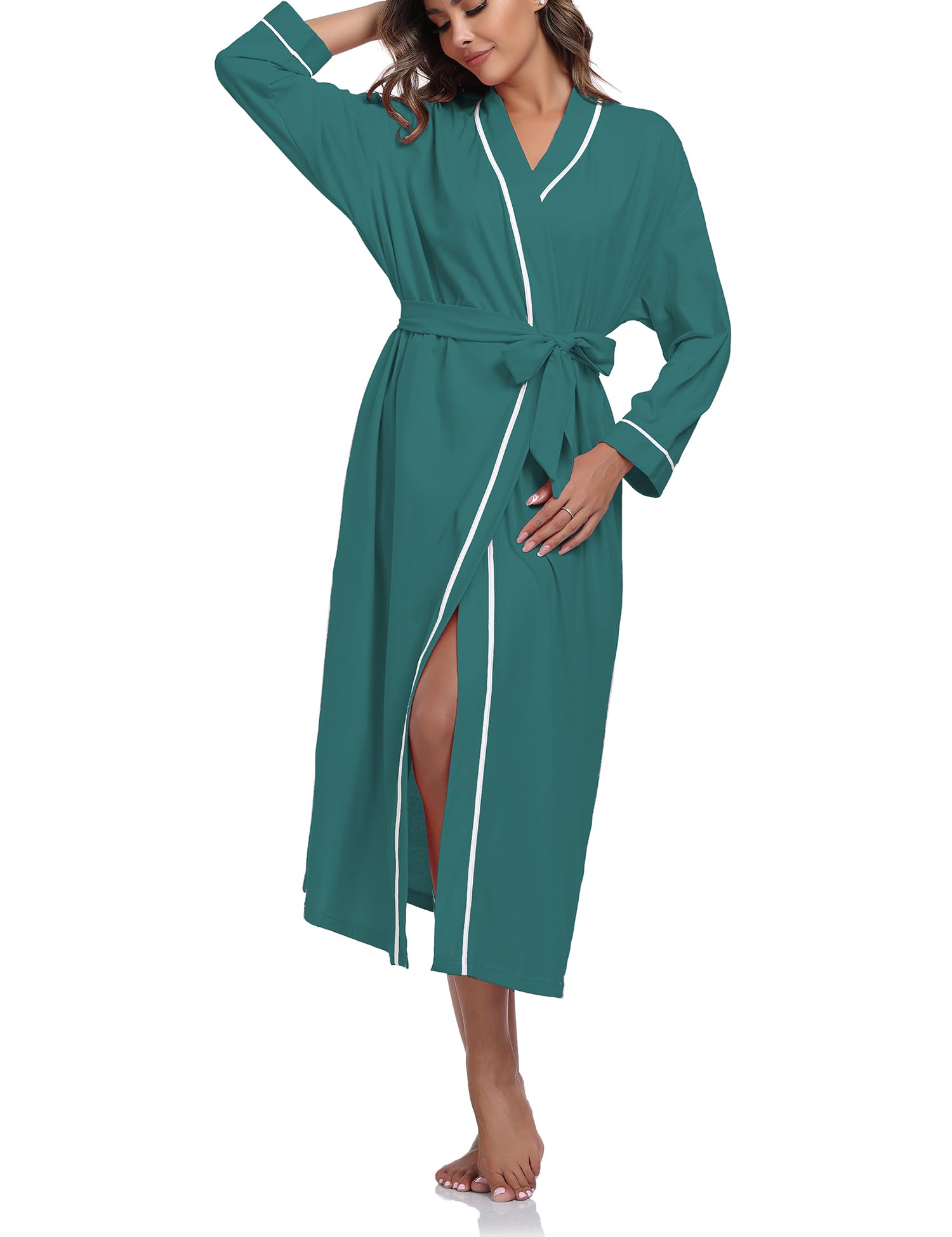 COLORFULLEAF Women's 100% Cotton Robes Summer Lightweight Bathrobe Long Kimono Robe for Women Soft Loungewear with Pockets