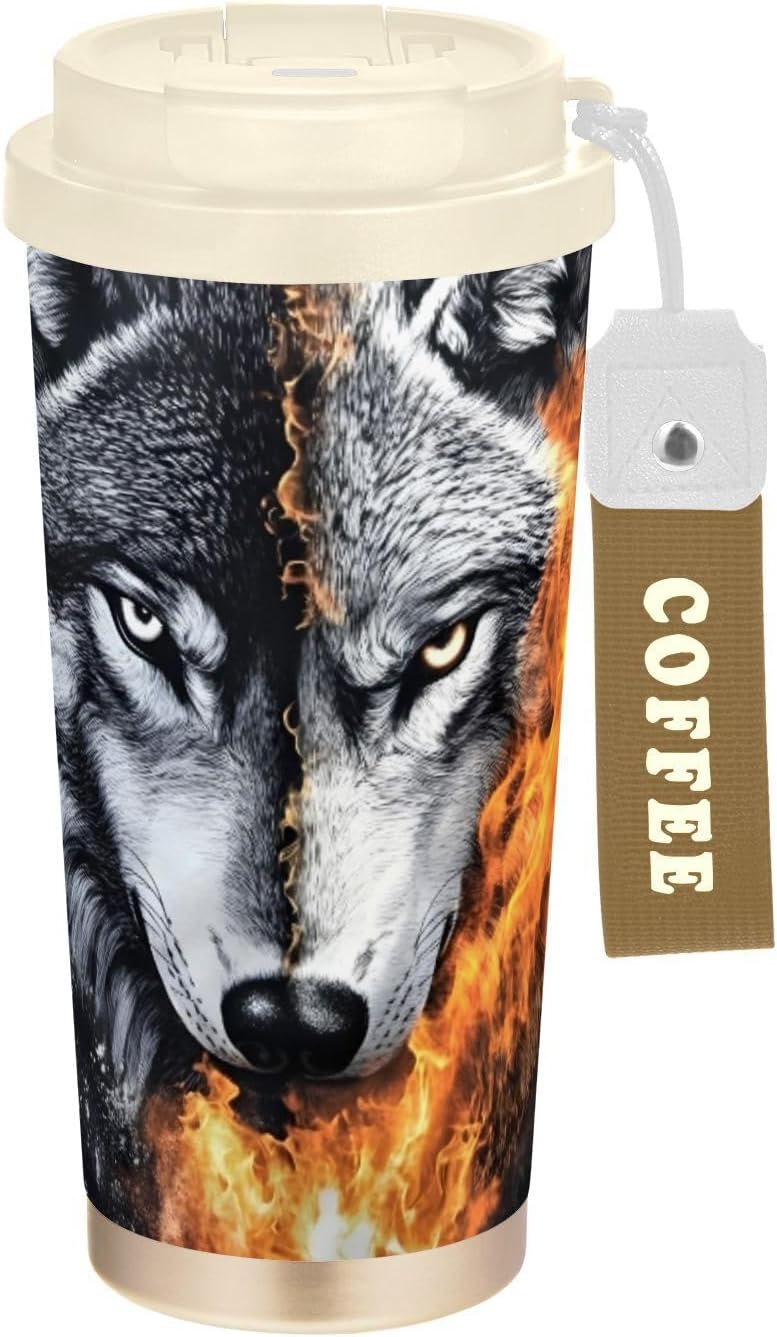 Wolf Head Fire White Insulated Coffee Mug with Straw & Flip Lid, 16.9oz Iced Tumbler Cup, Double Wall Vacuum Mug for Travel Office