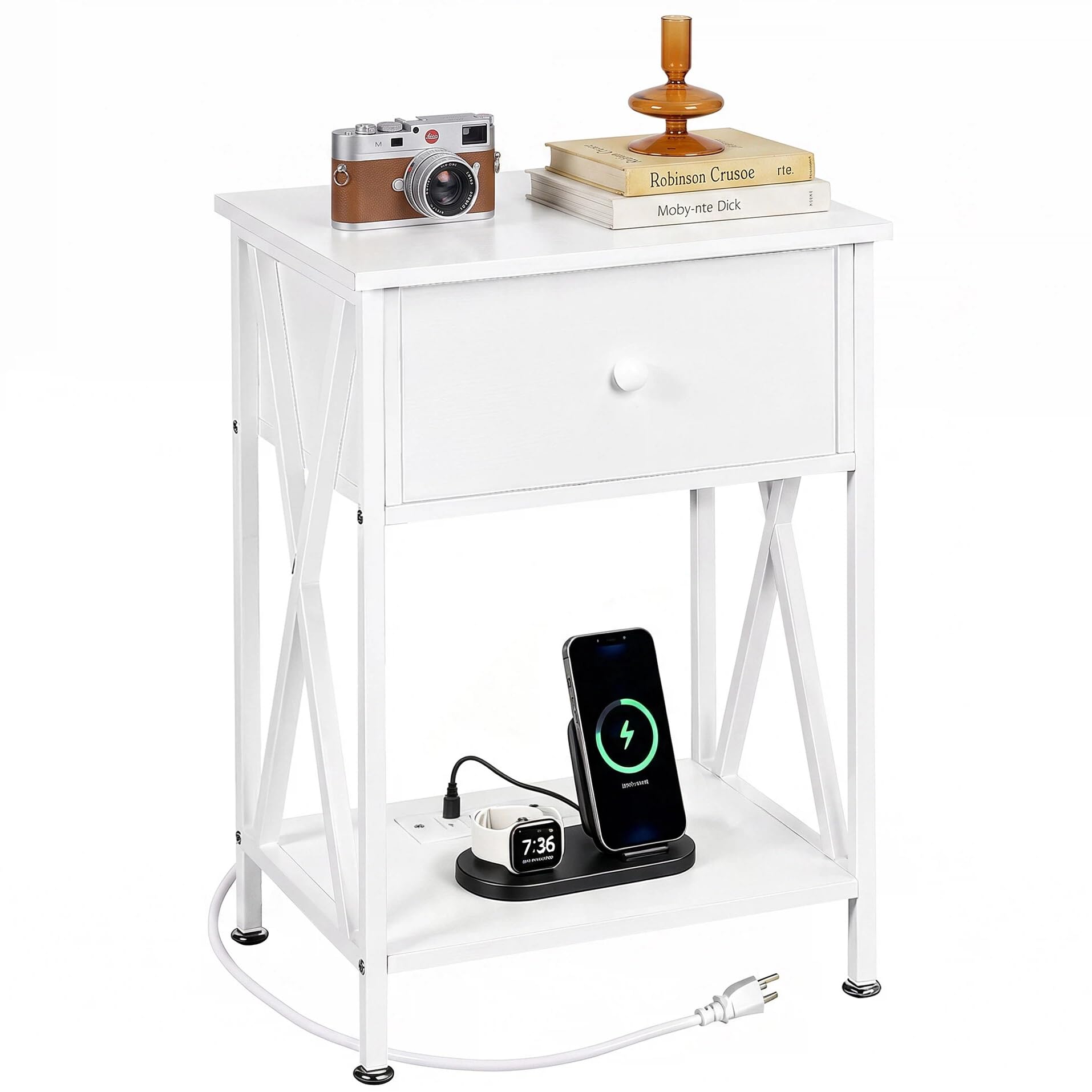 VECELO End Table with Charging Station, Night Stand with Drawers, 2-Tier Bedside Tables with USB Ports &amp; Outlets, Side Table with Storage Shelf for Living Room/Bedroom, White