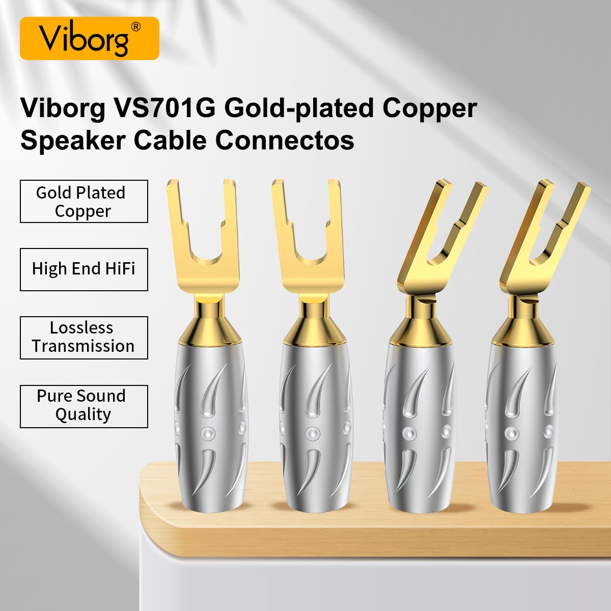 Viborg VS701G HiFi Speaker Spade Connectors, 4X Gold-Plated Pure Copper Y Spades 45 Degree with Screw Locking, Allen Wrench for Speaker Cord
