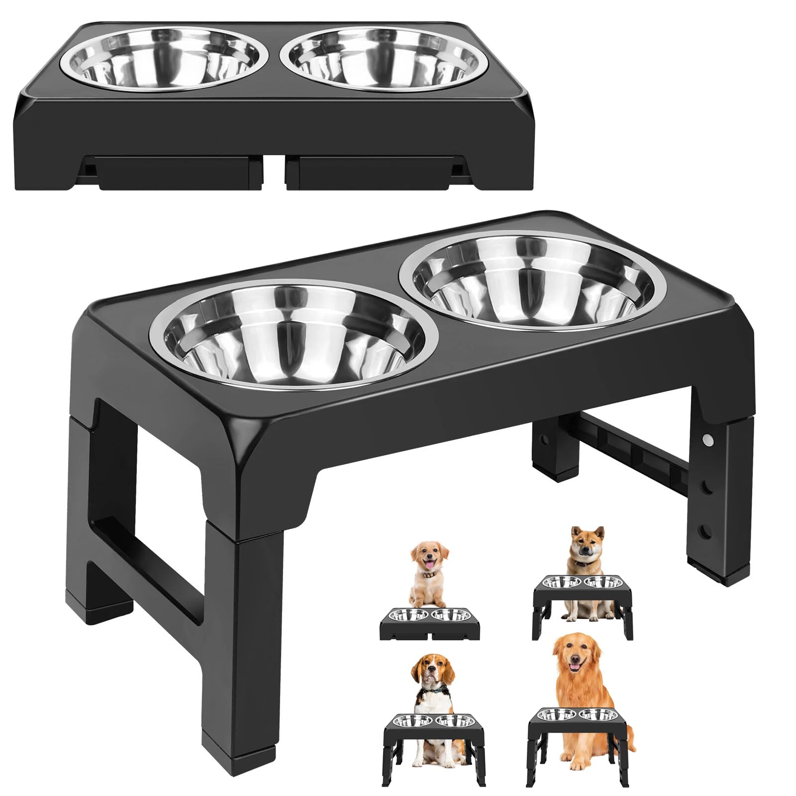 Adjustable Height Double Bowl Dog Pet Feeder Elevated Raised Stand Feeding Food Large Dog Food Feeding Stand Station Stainless Double Raised Bowls Steel Holder