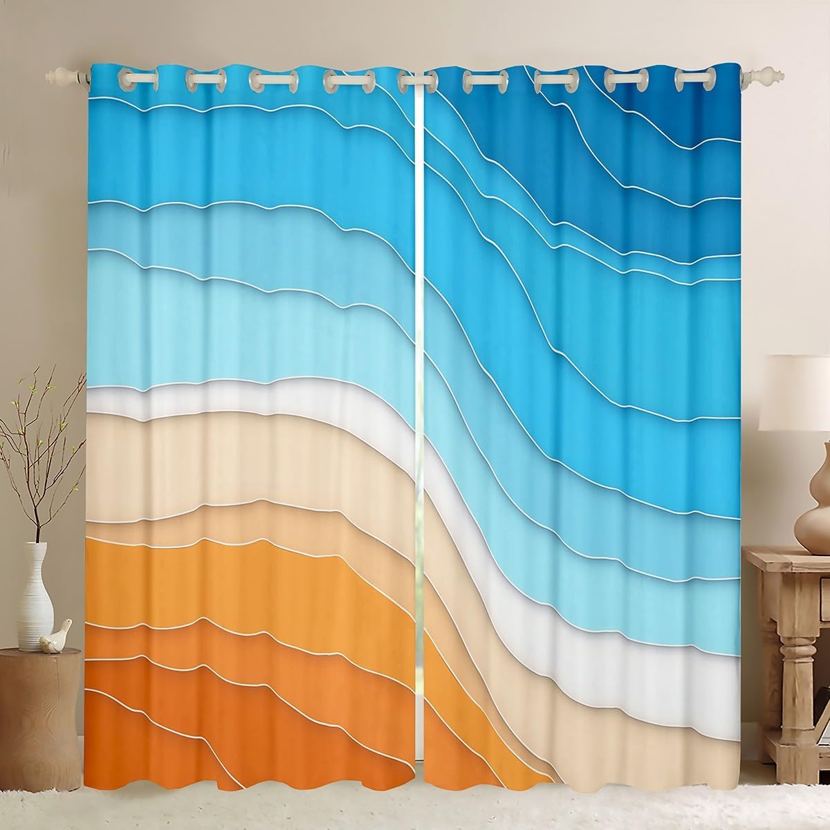 Summer Beach Curtains Ocean Wave Blackout Curtains, Abstract Artwork Curtains & Drapes 104Wx63L Orange Blue Red Stripe Bedroom Curtains, Minimalism Ombre Window Treatments Sea Marine Living Room Decor