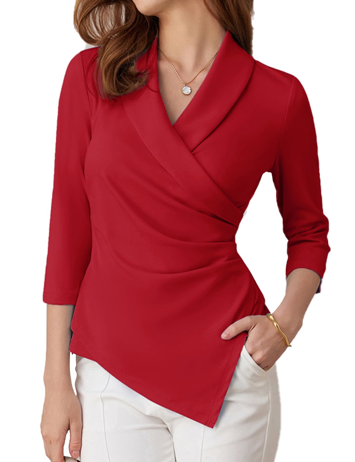 GRACE KARIN Top da donna con scollo a V, maniche a 3/4, camicia a tunica, elegante, plissettata, camicetta da ufficio casual