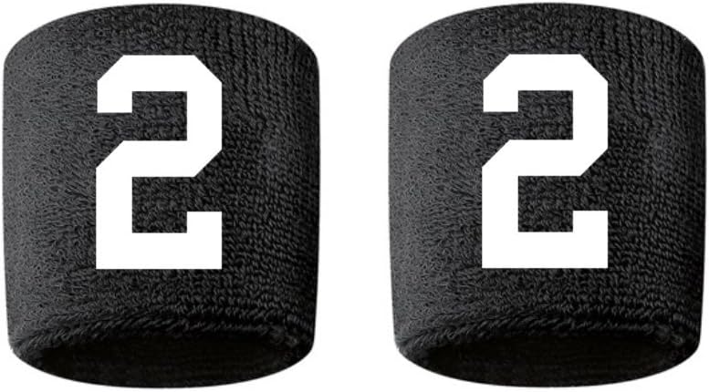 #2 Embroidered/Stitched Sweatband Wristband BLACK Sweat Band w/ WHITE Number (2 Pack)
