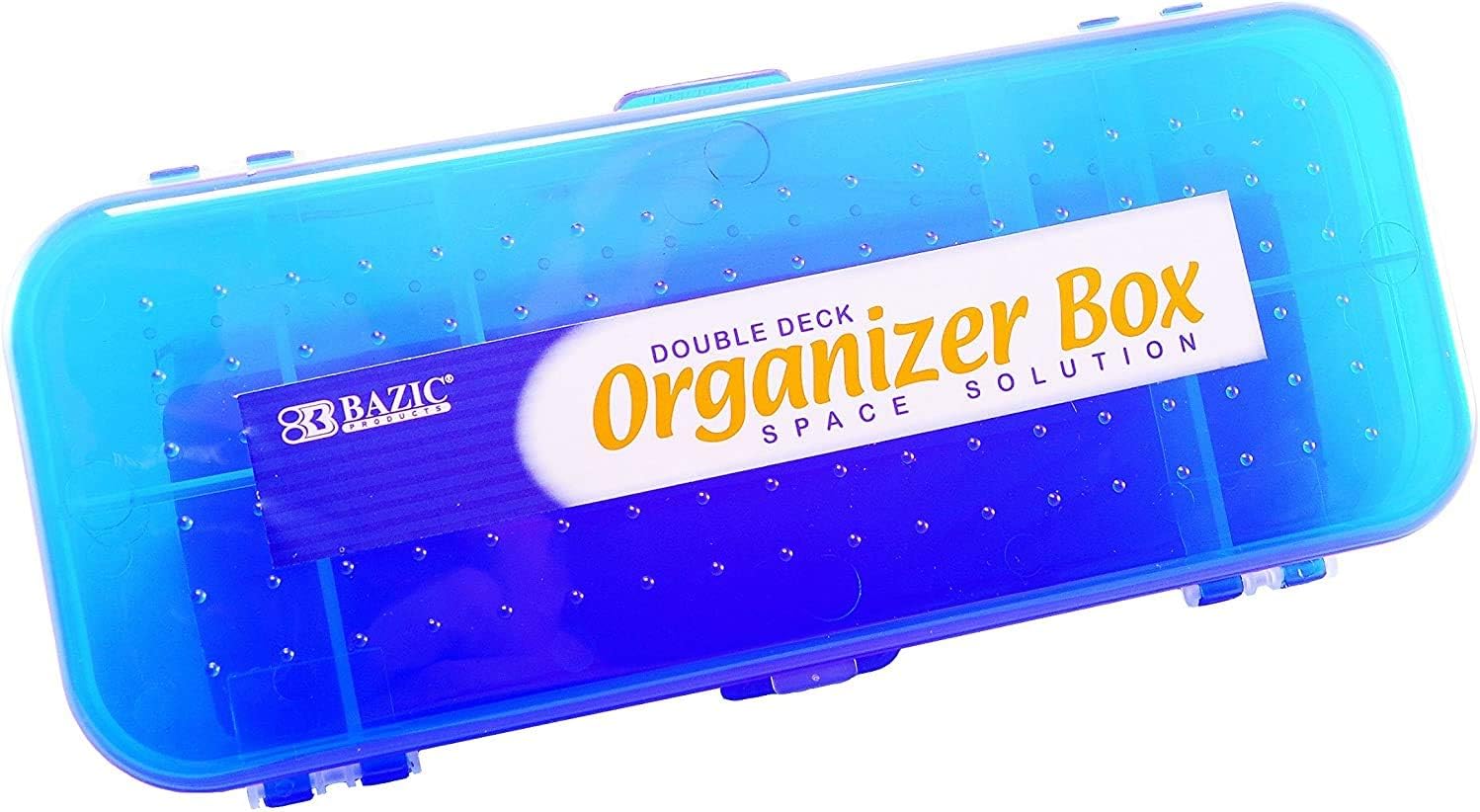 Double Deck Organizer Box, 8.25" x 3.25" x 1.5", 2 Latched Sides - 5 Compartments (4-Pack, Black, Red, Blue, White)