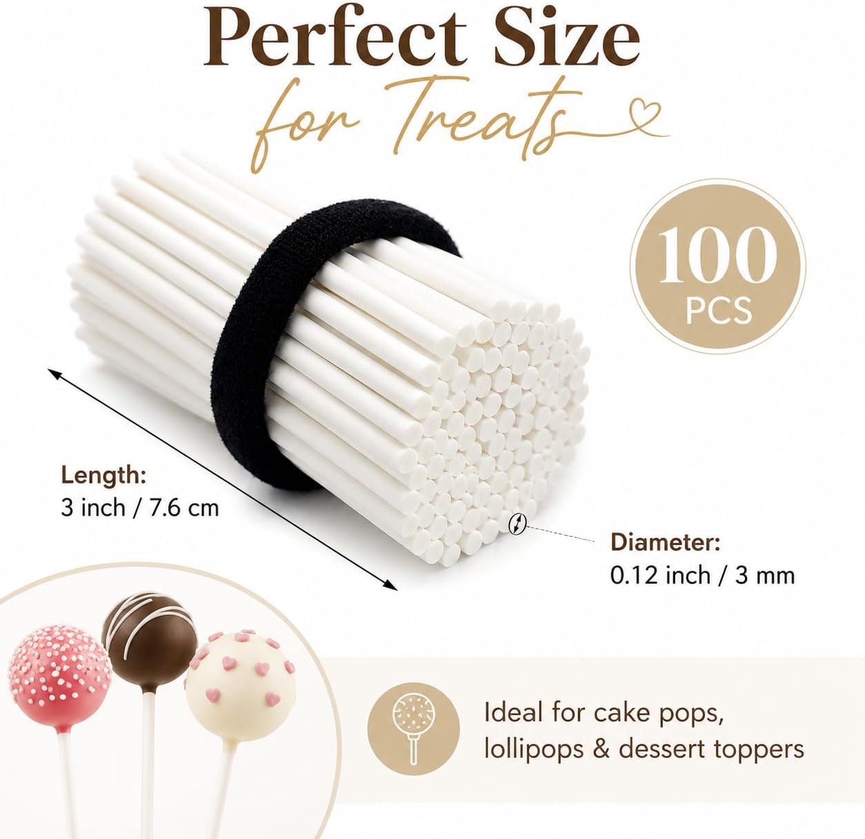100 Pcs 3-Inch White Lollipop Sticks – Paper Cake Pop Sticks for Candy, Chocolate, Cookie Pops, Cupcake Toppers & DIY Dessert Crafts
