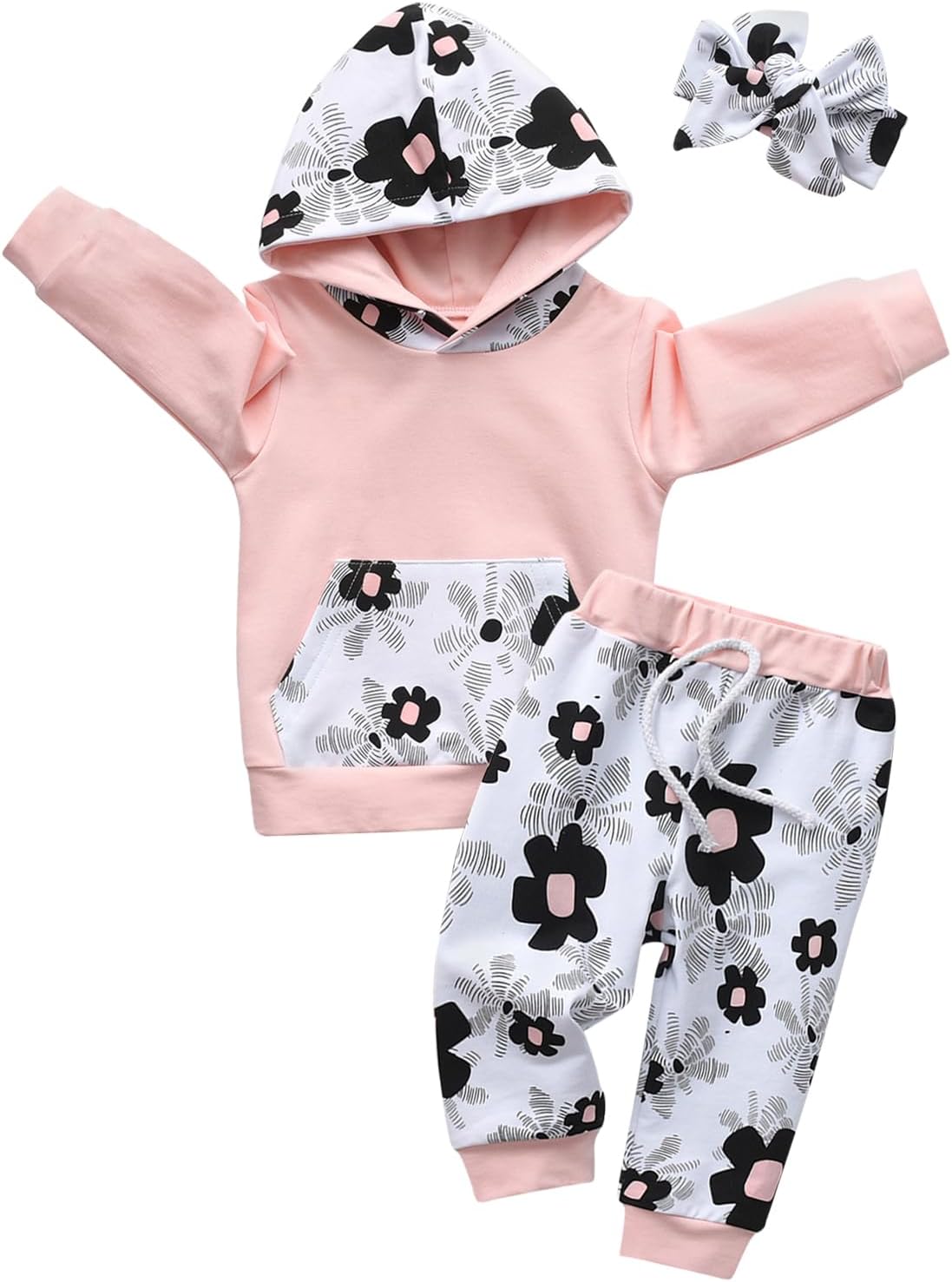 Eghunooy Baby Girl Clothes Long Sleeve Floral Hoodie Sweatshirt Pants with Pocket Headband Outfit Sets