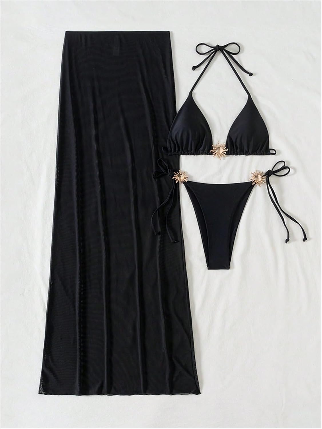 Milumia Women's 3 Piece Swimsuit Metal Halter String Triangle Bikini Set with Mesh Cover Up Skirt