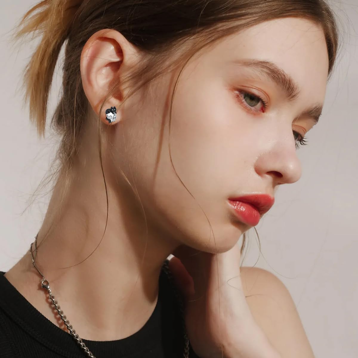 Diamond Skull and Cat Stud Earrings for Women in 925 Sterling Silver