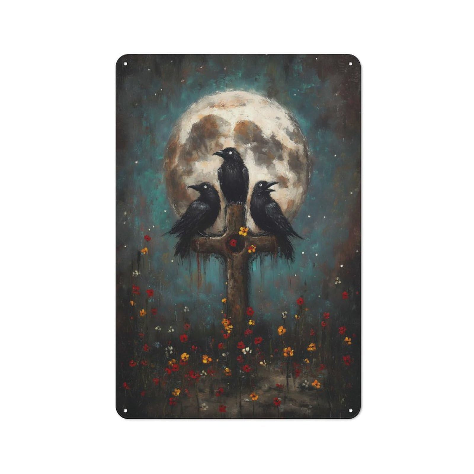 Junmoney Three Ravens On Cross With Moon Industrial-Style Tin Sign 30X20cm For Living Room Wall, For Metal Sign Collectors, For Garage And Workshop Walls
